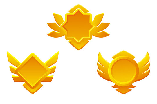 Golden game rank icons isolated. Game badges buttons in different frame with wings