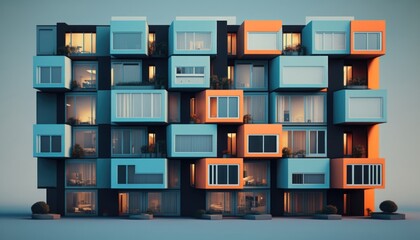 The facade of a modern office or apartment building features windows and balconies. generative ai