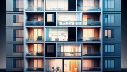 The facade of a modern office or apartment building features windows and balconies. generative ai
