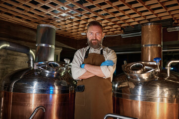 Portrait of mature brewery owner wearing apron with arms crossed