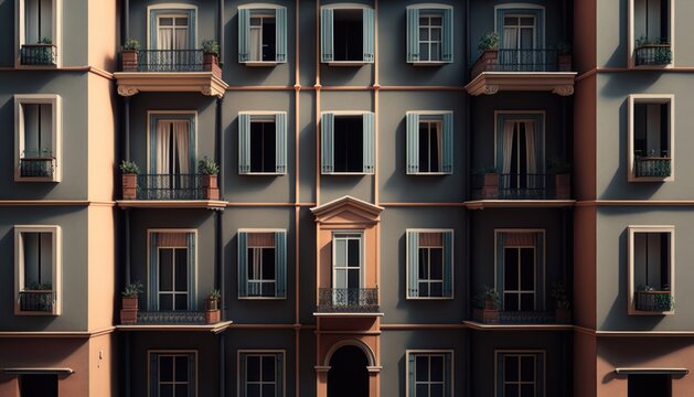 The facade of a modern office or apartment building features windows and balconies. generative ai