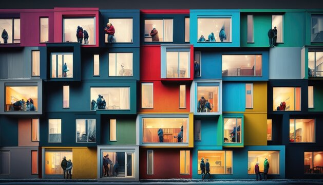 The facade of a modern office or apartment building features windows and balconies. generative ai