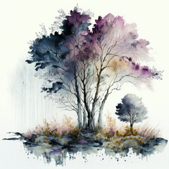 Beautiful symphony of trees in watercolor on a white background