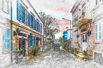 Fototapeta premium Colorful historical street view in Cunda Island of Ayvalik Town.