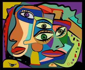 Colorful background, cubism art style,abstracts faces