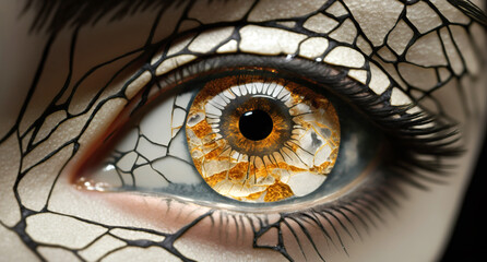 An imagined female eye with a porcelain effect. AI generated image.