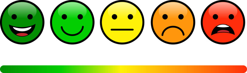 Five feedback rating satisfaction in form of emotions on isolated white background. Vector illustration. 