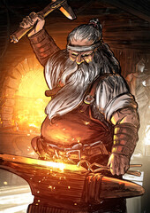A brutal dwarf blacksmith forges a sword with a hammer, swinging for another blow with his hammer, he is pot-bellied and muscular with a long beard and hair, standing at the anvil in his forge. 2 art - obrazy, fototapety, plakaty