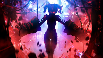 A beautiful and creepy cyborg girl is approaching with huge mechanical hands, pigtails on her voice and sinister look, she destroys everything around with kinetic energy distorting space. 2d anime art - obrazy, fototapety, plakaty