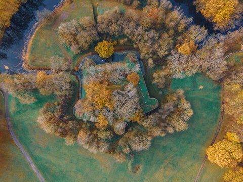 Birds eye view of an old Dutch fort in the countryside