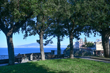 Terrace overlooking the sea from a public garden in Vico Equense, a village near Naples, Italy.