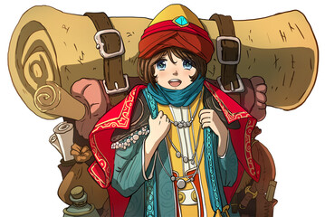 A cute anime girl is a traveler, she is a dwarf dwarf or a halfling with a huge unaffordable bag on her back on which every camping equipment is attached, she is in bright clothes of a merchant 2d art