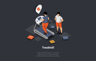 Concept Of Sports Activity, Physical Exercises. Young Woman in Sporty Uniform is Running on a Treadmill. Fitness Workout And Indoor Sport Room With Personal Trainer. Isometric 3d Vector Illustration