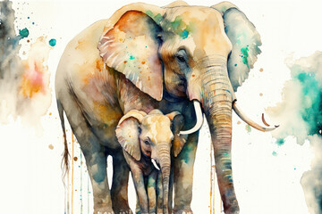 Elephant mother and child in watercolor. Generative AI