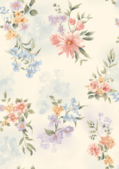 Fototapeta na wymiar Watercolor hand painted floral pattern with spring flowers. can be used as wallpaper, fabric, fashion graphic.