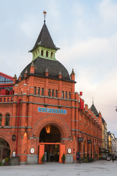 Stockholm, Sweden. January 23, 2023. Exterior view of &Ouml;stermalms Saluhall renovated gourmet market built in 1880s