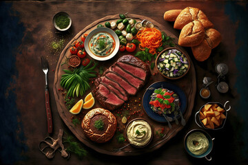 Fototapeta na wymiar Genuine dinner party succulent thick, juicy chunks of grilled fillet steak presented with a variety of vegetable dips, fermented vegetables, cucumber and pepper marinated, bread buns. Generative AI