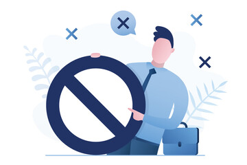 Businessman pointing on prohibition sign, stop, prohibited, block or do not sign. Politician gestured finger - no. Sanctions, restrictions concept. Business man closeup view.