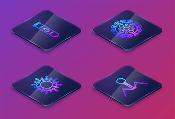 Set Isometric line Blood test and virus, Virus, and Bacteria bacteriophage. Blue square button. Vector