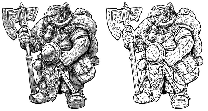 dwarf with a large runic axe, a dense shield on his belly and a huge hiking bag on which his mugs, bags and sleeping bag are fixed, he has a manly face, long mustache and beard. 2d linear hatching art