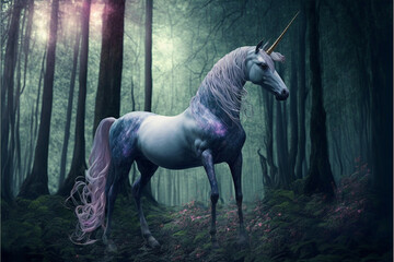 Obraz na płótnie Canvas unicorn standing in the middle of a forest. generative ai.