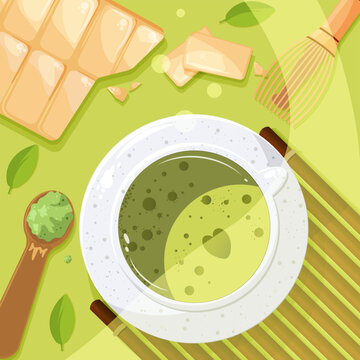 Matcha tea. Bamboo spoon, matcha powder, cup of tea, white chocolate, bamboo cup mat. A cup on a saucer. Leaves. Whisk for mixing the drink. Flat illustration. sunny day. The concept of healthy eating