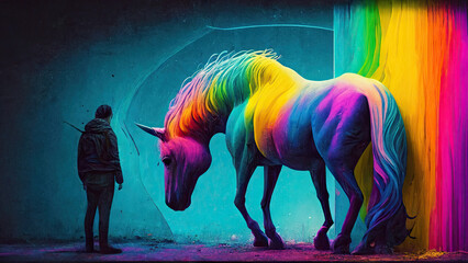 Naklejka na ściany i meble Mental health, conceptual, rainbow unicorn providing hope to a man in the darkness, motivational, therapy, generative ai