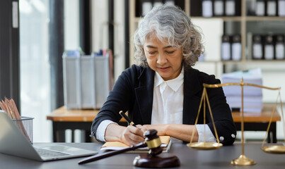 lawyer woman working at table office, law and justice concept, law contract. 