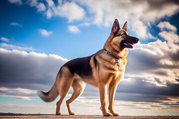 German Shepherd dog and blue sky in the background. The portrait of a dog in full body. German Shepherd are popular, friendly, energetic, and trainable dogs. Generative AI