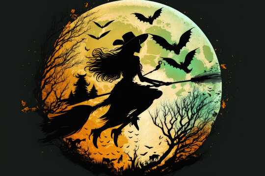 Halloween silhouette of a witch with a crow on a broomstick flying across a true to life full moon. Generative AI