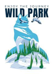 Wild wolf silhouette with mountain forest background. Flying birds. Isolated on white background. Fauna of the national park. Vector flat illustration