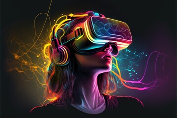 girl using glasses of virtual reality on dark background.  VR headset generative ai virtual reality metaverse illustration