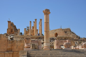 Sunny temples, arches, the Nymphaeum, stone ornaments, columns and column bases on the ruins of the...