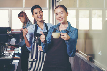 Group woman people leaning and education workshop for classes barista coffee in cafe room. ...