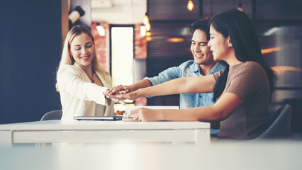 Teamwork Solidarity Success. Young people hands executive business group team happy showing teamwork and joining hands after meeting and leaning partner business in class room