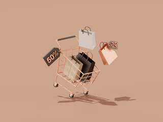 3d render of trolley and shopping bags with discount tag.