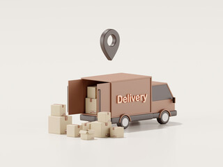 3d render of delivery truck and parcel boxes with location pin.