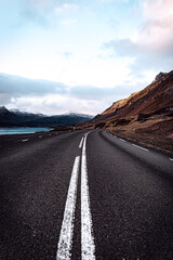 Iceland driving on the mountain road at sunset eastern region
