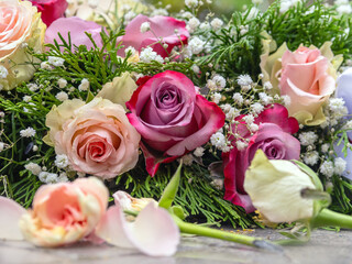 Pink, rosa, Rosenblüten Strauß, von oben sehend