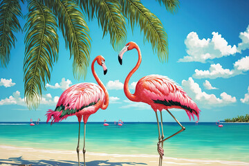 Flamingos are posed in a clear, blue sea, against a sunny sky with clouds, and in the foreground are the green leaves of a coconut tree. Generative AI