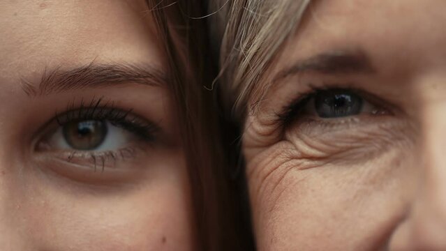 Close up on eyes of mother and daughter faces next to one another