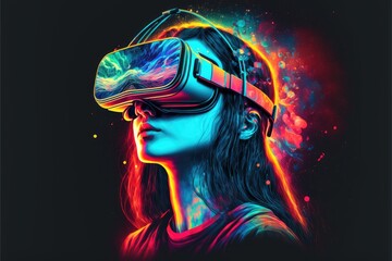 girl using glasses of virtual reality on dark background.  VR headset generative ai virtual reality metaverse illustration