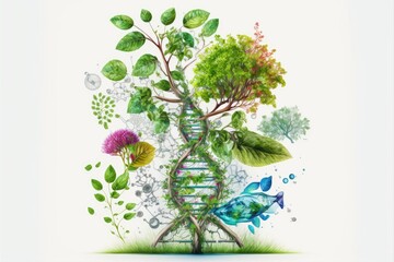 Biology laboratory nature and science, plant and environmental study, DNA, gene therapy, and plants with biochemistry structures on white backgrounds