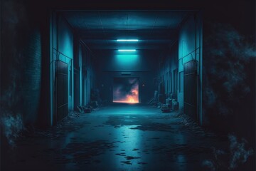 Fototapeta premium an empty dark scene of a smokey dark empty street alley in the light of neon and spotlights with smoke float up generative ai illustration