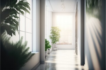 Obraz premium Contemporary light hallway interior with designer walls, panoramic windows, decorative plants, and city view generative ai render 