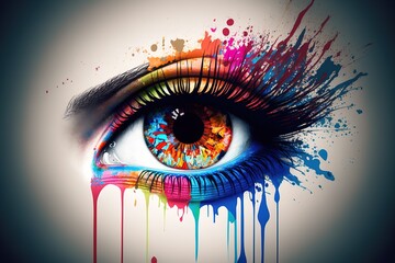Woman eye with splash of colors, art therapy. AI
