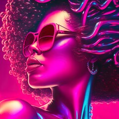 Naklejka premium Stylish retrowave portrait of a beautiful black woman. 