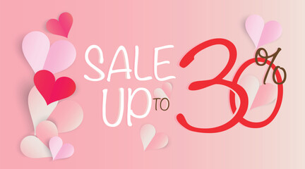 Valentine's day heart shape. Paper heart. Promotional banner. Sale up to 30% off. Vector banner.