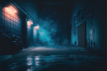 an empty dark scene of a smokey dark empty street alley in the light of neon and spotlights with smoke float up generative ai illustration
