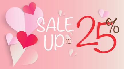 Valentine's day heart shape. Paper heart. Promotional banner. Sale up to 25% off. Vector banner